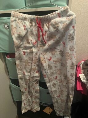 Holiday Time White Fleece womens Pajama Pants with Red Drawstring